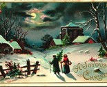 Night View A Joyous Christmas Tree Moonlit Cabin Snow 1910 Postcard Embo... - $5.89
