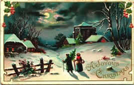 Night View A Joyous Christmas Tree Moonlit Cabin Snow 1910 Postcard Embossed - £4.70 GBP