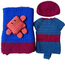 Crocheted Baby Blanket Jumper Hat Grannycore Shower Gift 36&quot; Handmade Blue Red - £20.27 GBP