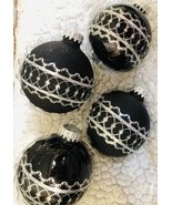 Krebs Christmas Ornament Set 4 Glittery Silver Lace Black Glass Balls - £15.49 GBP