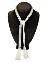 Vintage Beaded Neck Tie Necklace Braided Cream Beads Open Sautoir 1 1/4 W 34&quot; L - £14.99 GBP