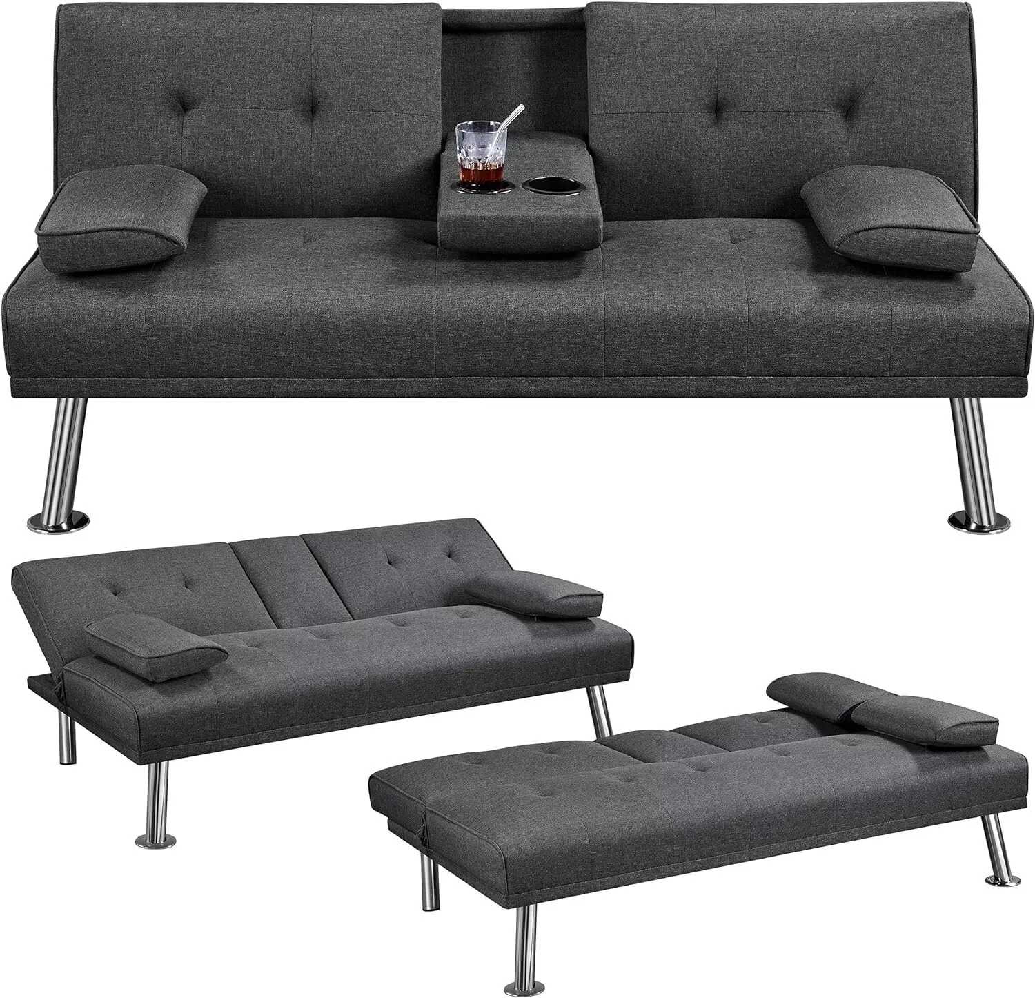 Gray Fabric Futon Sleeper Sofa Bed: Modern Recliner Couch with Cupholders - $276.64 CAD