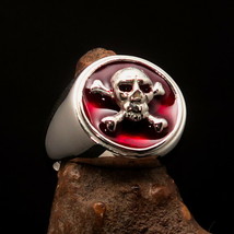 Men&#39;s Pirate Ring red Jolly Roger crossed Bones Skull - Sterling Silver - £71.32 GBP