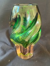 Vintage Czech Bohemian Chribska Art Glass Twisted Vase Josef Hospodka Green - $78.80