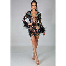 Sequins Design V-collar Exquisite Long Sleeve Ostrich Feather Slim Evening Party - £65.30 GBP