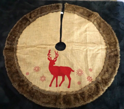 Red Reindeer Christmas Tree Skirt Faux-Fur Burlap Brown Backing Large 52&quot; Across - £43.03 GBP