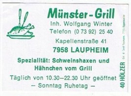 Matchbox Label Germany Munster Grill Laupheim - £0.78 GBP