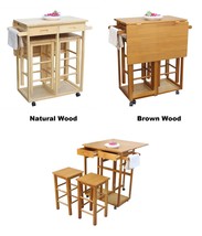 Kitchen Island Dining Cart w/ 2 Stools &amp; Drawers Towel Rack Wood Drop Leaf Table - £103.36 GBP