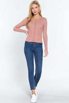 Heather Pink Button Down Long Sleeve Crew Neck Basic Cardigan Sweater_ - £8.97 GBP