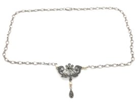 Sterling Marcasite Pearl Lavalier Pendant On Chain - £37.99 GBP