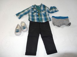 American Girl 18&quot; Doll Boy Logan Meet Outfit Pants, Plaid Shirt, Play Loud Tee + - £50.13 GBP