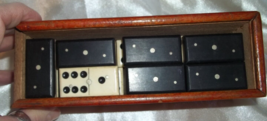 Antique Vintage Ebony &amp; Ivory Domino Set Of 28 Bone And Wood Silver Pinned - £93.21 GBP