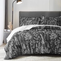 7 Pieces Queen Bed In A Bag Comforter Set With Sheets, Grey Black Leaf For Queen - £90.16 GBP