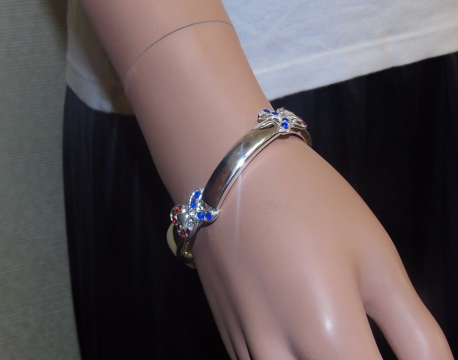 Primary image for Support Ribbon Bracelet ~ Red, White & Blue Gemstones, Polished Silver-Tone Band