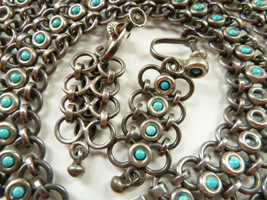 Vintage Taxco JSF Mexico Sterling Silver Petit-Point Turquoise Link Parure Set N - £575.42 GBP