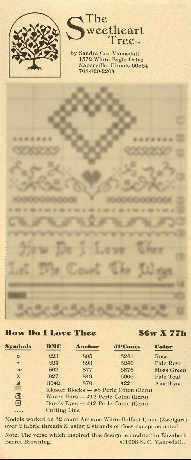 How Do I Love Thee Sweetheart Tree Cross Stitch Pattern Leaflet NEW - $2.67