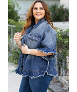 Peacock Blue Ruffled Frayed Short Sleeve Plus Size Denim Jacket - $39.32
