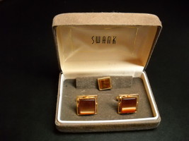 Swank Cuff Links and Tie Tack Gold Color Bands Surround Brown Accents Boxed - £19.90 GBP