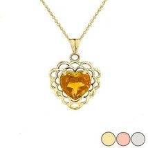 10k 14k Solid Gold Citrine Filigree Heart November Birthstone Pendant Necklace - £77.01 GBP+