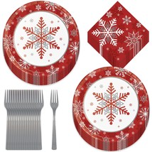 Red &amp; Silver Snowflake Winter and Christmas Party Paper Dessert Plates, ... - £12.17 GBP