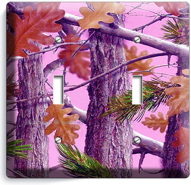 PINK OAK LEAVES MOSSY TREE CAMO CAMOUFLAGE DOUBLE LIGHT SWITCH PLATE GIRLS ROOM
