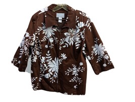 Susan Graver SHACKET Size M Pocket Zip Top Jacket 3/4 Sleeve Floral Beaded Brown - £19.57 GBP
