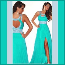 Aqua Blue Sequined Strap and Sequined Empire Waist Fully Lined w/ Leg Split Gown - £138.87 GBP