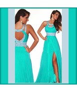 Aqua Blue Sequined Strap and Sequined Empire Waist Fully Lined w/ Leg Sp... - £139.47 GBP