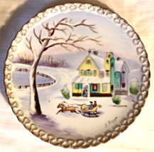 Japanese Hand Painted Vintage Plate Artist S. Kuguya 8 1/4&quot; Winter Snow Sleigh - £11.85 GBP