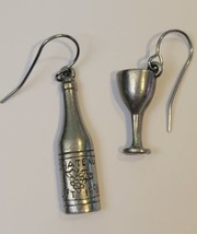 Jim Clift Pewter Wine Bottle Glass Goblet Charm Pierced Earrings Signed ... - $28.01