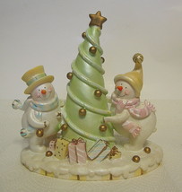 Snowman Couple Figurine Christmas Tree And Presents Resin Multicolor Pas... - $24.99