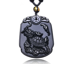 natural Obsidian stone Hand carved Chinese dragon Turtle charm pendant necklace - £15.31 GBP