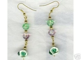 Green Roses Purple Green Crackled Glass Dangle Earrings - £10.47 GBP