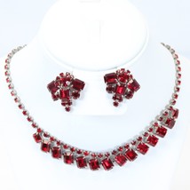 Red Rhinestone Necklace 15&quot; Long &amp; Clip Earing 1.4&quot; w x 1.2&quot; long Silver... - $39.19