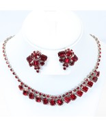 Red Rhinestone Necklace 15&quot; Long &amp; Clip Earing 1.4&quot; w x 1.2&quot; long Silver... - £31.40 GBP