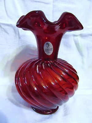 Vintage Fenton "Red/Cranberry  Swirl , Ruffled Rim " Pedestaled  Vase - $46.74