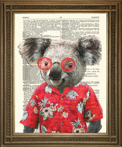 KOALA BEAR PRINT: Red Hawaiian Shirt Holiday Animal Art on Dictionary Page - $7.85