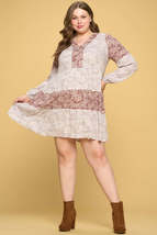 Plus Size Dusty Rose Pink Color Block Floral Tiered Long Sleeve Mini Dress - £35.92 GBP