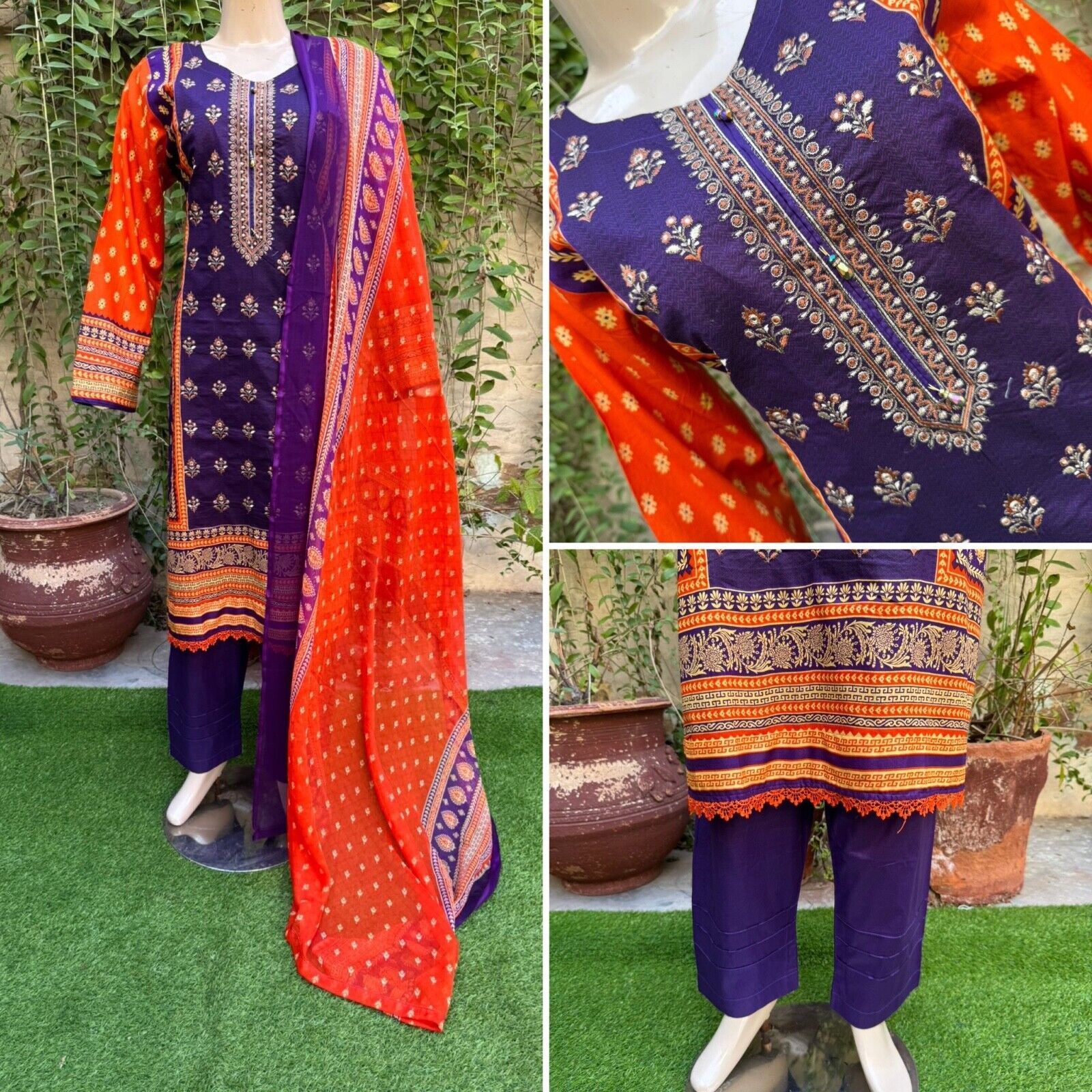 Pakistani purple &amp; Orange Printed Straight Shirt 3-PCS Lawn Suit , Threa... - $54.45