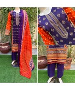 Pakistani purple &amp; Orange Printed Straight Shirt 3-PCS Lawn Suit , Threa... - $74.70 CAD
