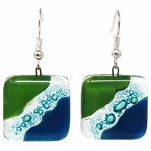 Global Crafts Square Fused Glass Dangle Earrings, Blue Green Waves, Hand... - £13.19 GBP