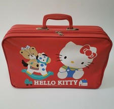 Vintage 1987 Sanrio Hello Kitty + Tiny Chum Teddy Bear Kids Red Zipper Suitcase - £66.03 GBP