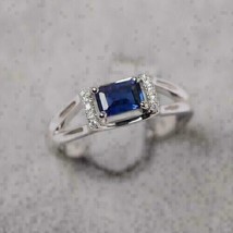 2Ct Emerald Cut CZ Blue Sapphire Halo Women&#39;s Wedding Ring 14K White Gold Finish - £123.84 GBP
