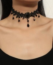 VICTORIAN GOTHIC MOURNING Choker Necklace - Gothic Black Pendant Lace Ch... - £9.78 GBP