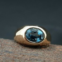 Created 2.25Ct Oval Blue Topaz Bezel Set Men&#39;s Ring in 14K Yellow Gold Over 925 - £99.47 GBP