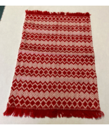 Vintage woven table scarf placemat red white pattern with fringe - $26.82 CAD