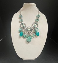 Vintage Blue Green Cluster Necklace on Silver Tone Adjustable Chain - $15.00