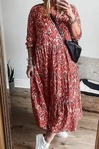 Red Plus Size Abstract Print Notch V Neck High Waist Maxi Dress - £43.56 GBP