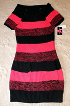 NEW PINK BLACK STRIPE FITTED SHORT SLEEVE SWEATER DRESS POCKETS BUTTONS ... - £7.77 GBP