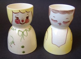 2 Egg Cups Woman Girl Mother Daughter Pair Vintage Ceramic Porcelain Col... - $20.00